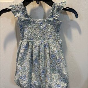 Classic Whimsy Smocked Floral Romper in Blue & Green